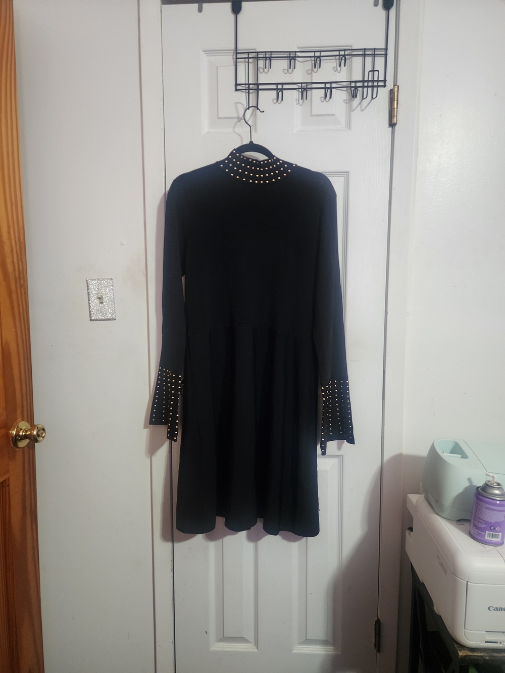 INC International Concepts Black Stud-Trim Mock Neck Long Sleeve Dress